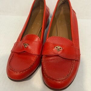 TORY BURCH Red Leather Penny Loafers with Gold Accent ✨